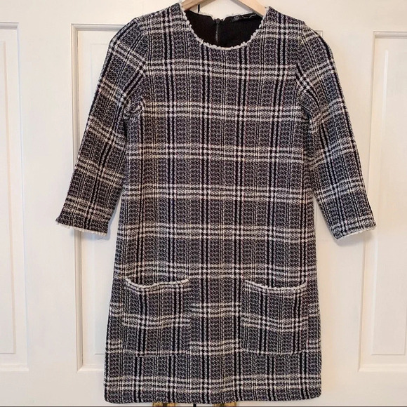 Zara Trafaluc Black Glen Plaid Tweed Dress 3/4 Sleeves - Picture 2 of 8